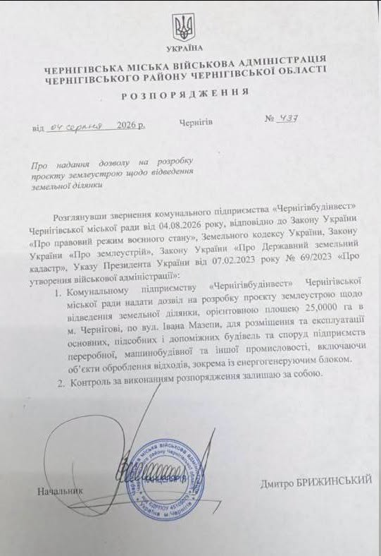 Розпорядження начальника Чернігівської МВА Дмитра Брижинського щодо надання дозволу на розробку проекту землеустрою під Індустріальний парк з китайськими інвестиціями